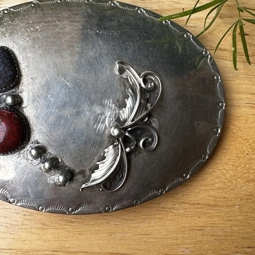 Southwest Belt Buckle 4 Inch Red White Blue Fossil‎ Dino 925 Sterling 75.0g USA